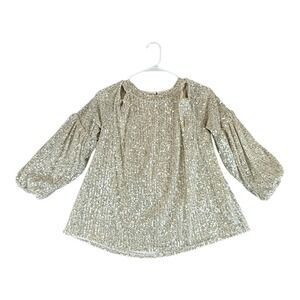 CeCe Womens Large Champagne Gold Sequin Cold Shoulder Balloon Sleeve Party Top